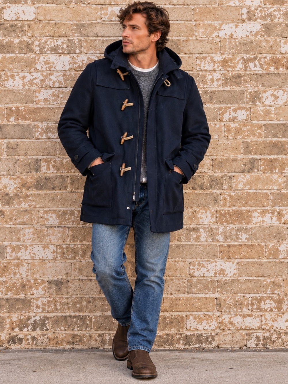 Nautica Men’s XL Navy Wool Blend Hooded Toggle Duffle Coat